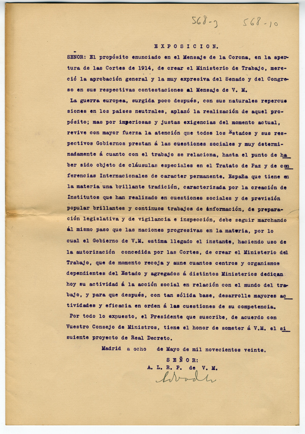 R.D. creando el Ministerio de Trabajo. Exposición con firma original de Eduardo Dato