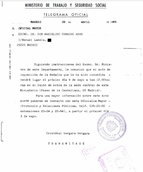 Telegrama anunciando a Marcelino Camacho la concesión de la Medalla de Mérito en el Trabajo